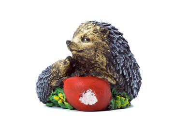family of hedgehogs with red apple concrete garden sculpture for landscaping and backyard...