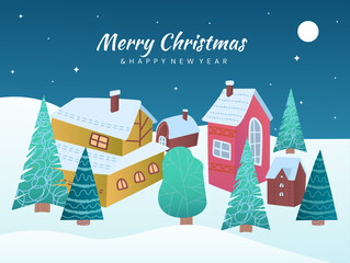 Fototapeta premium Merry Christmas concept. Beautiful snowy landscape of countryside with Christmas trees and houses. Design of greeting card, banner or poster with inscription and city. Cartoon flat vector illustration