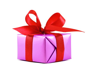 Purple gift wrapped present with red satin ribbon bow isolated on white
