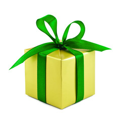 Golden gift wrapped present with green satin ribbon bow isolated on white