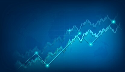 Blue neon candlestick and chart world stock market investment chart stock trading bullish point bear market trend trend graph vector with world map black background