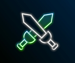 Glowing neon line Crossed medieval sword icon isolated on black background. Medieval weapon. Colorful outline concept. Vector