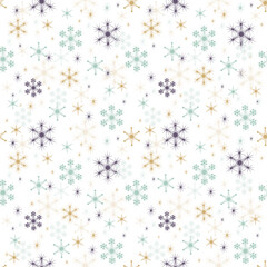 Trendy seamless pattern of beautiful blue and gold snowflakes on a white background. New Year's festive theme. Repeatable vector design for winter decor, print, wallpaper, packaging, textile, covers