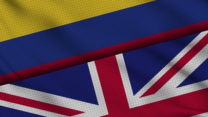 Colombia and United Kingdom Flags Together, Wavy Fabric, Breaking News, Political Diplomacy Crisis Concept, 3D Illustration