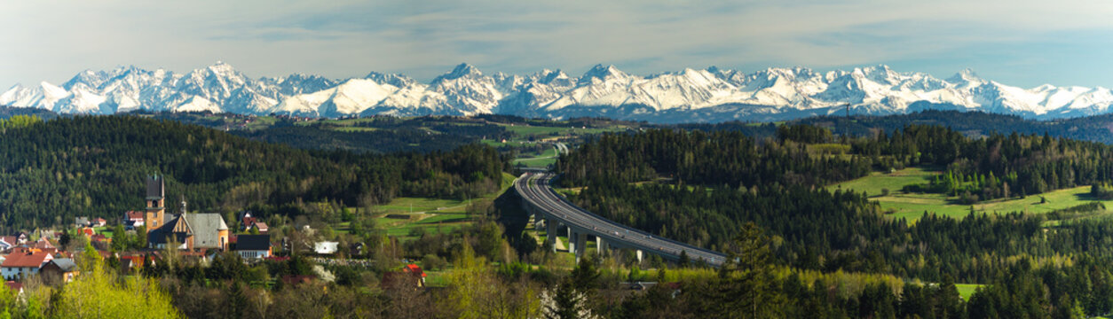 Panorama of the Tatra Mountains with the Zakopianka road
