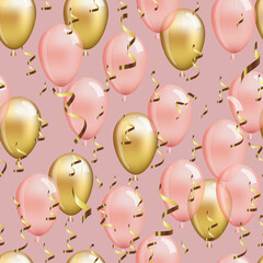 Seamless pattern with gold and coral balloons and serpentine isolated on pink background. Vector illustration.