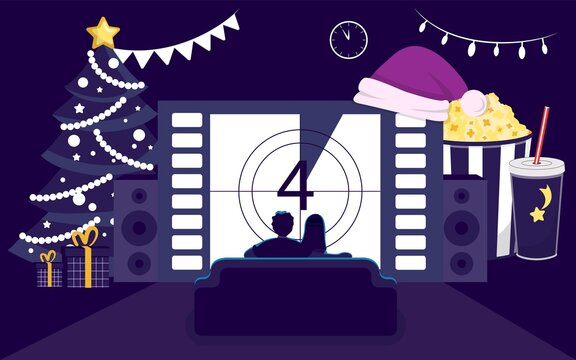 Christmas Movie Young Couple Watching New Year Movie Or TV On Sofa In A Christmas Decorated Interior Of House Holidays Decoration In Living Room Vector Illustration Best Christmas Movies