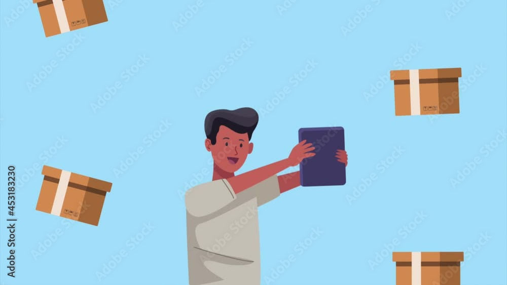 Poster blogger man using tablet with boxes carton