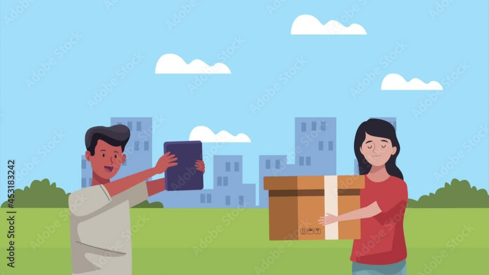 Wall mural blogger man using tablet and woman lifting box