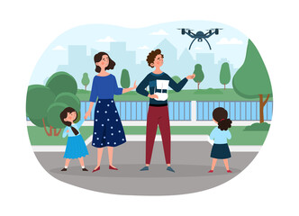Launch of quadcopter concept. Mom, dad and daughters shoot videos using flying device. Man drives copter. Family has fun together. Cartoon flat vector illustration isolated on white background