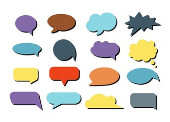 Empty colorful speech bubbles in doodle style isolated on white background. Balloon vector flat illustration for meme, poster, tag, banner, hashtag, dialogue