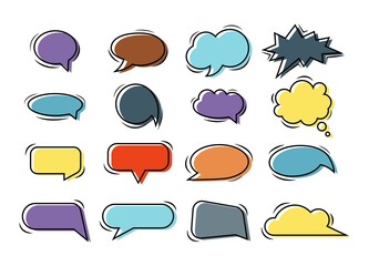 Empty colorful speech bubbles in doodle style isolated on white background. Balloon vector outline illustration for meme, poster, tag, banner, hashtag, dialogue