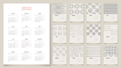2022 calendar design. Week starts on Monday. 2022 full calendar. Editable calender page template A4, A3. Vertical. Abstract artistic vector illustrations. Pastel background. Set of 12 months.