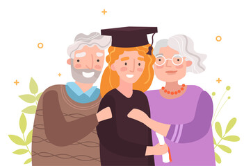 Parents and student concept. Mom and Dad are proud of their daughter. Woman graduated from university. Happy characters hug each other. Cartoon flat vector illustration isolated on white background