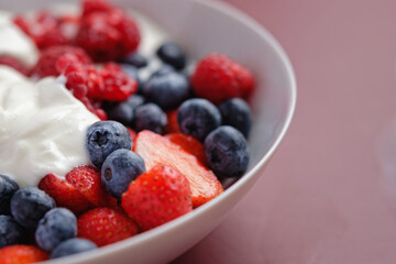Red berry fruits and blueberries with yogurt, served in a bowl