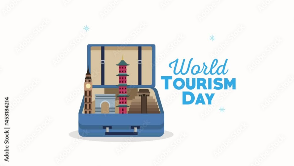 Poster world tourism day lettering with suitcase