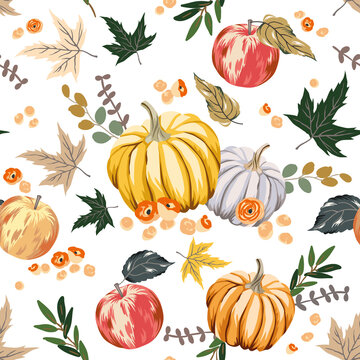 Autumn pumpkins, apples, maple leaves, white background. Vector seamless pattern. Fall season illustration. October harvest. Organic vegetable garden food. Nature design