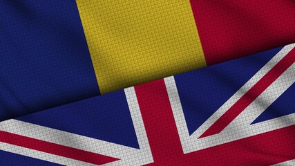 Romania and United Kingdom Flags Together, Wavy Fabric, Breaking News, Political Diplomacy Crisis Concept, 3D Illustration