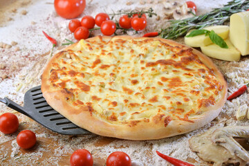kitchen spatula Pizza Margherita, cheese pizza on wooden table with ingredients background