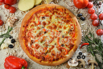 delicious pizza with seafood served on wooden table with ingredients.top view