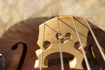 Closeup of a bridge with strings of a hand-carved