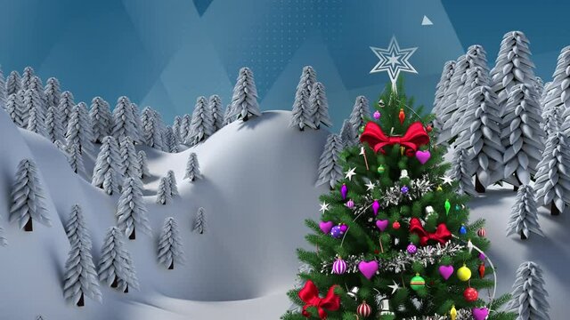 Animation of winter land scape and christmas decoration over blue geometrical shapes