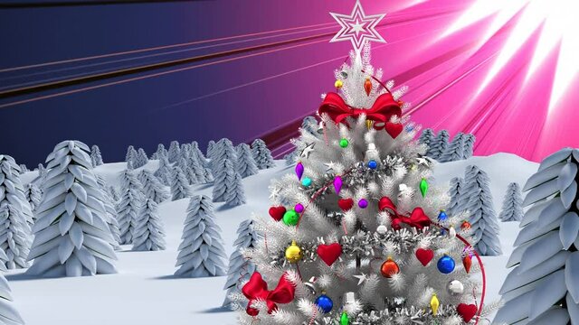 Animation of winter land scape and christmas decoration over purple glowing rays