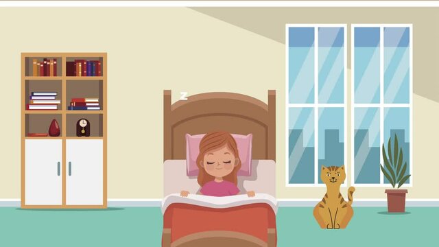 little girl sleeping in bed with cat animation