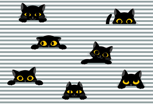 Black cat peeks out from stripes. Seamless pattern for printing on paper and fabric. Cute pet with yellow eyes. Design element for decorating wall. Cartoon flat vector illustration on white background