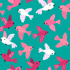 Seamless pattern with cute birds in a hand-drawn style. Pink and white birds fly on a turquoise background. The history of children. For children's room, for fabric, clothing, packaging paper