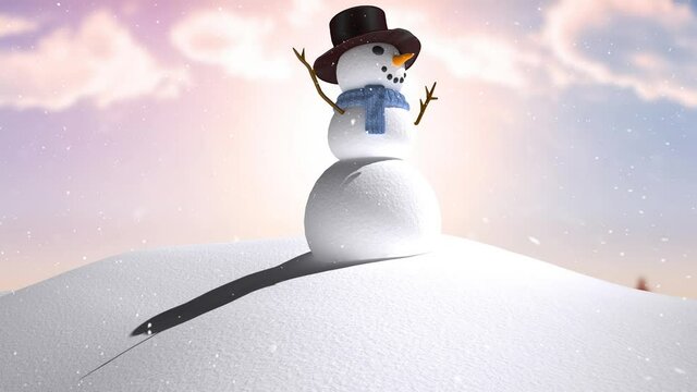Animation of snow falling over smiling snowman in winter scenery
