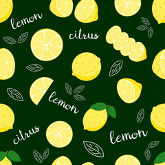 Lemon pattern. Citrus fruit slices in cut. Lemon whole and sliced. Vector seamless background illustration