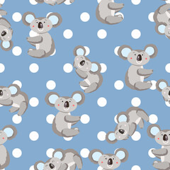 Seamless pattern with cute koala baby and flowers on color polka dots background. Funny australian animals. Card, postcards for kids. Flat vector illustration for fabric, textile, wallpaper, poster.