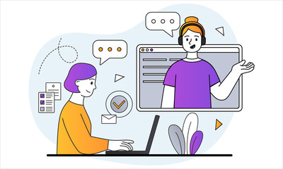 Video conference concept. Women communicate and discuss project via video link. Online training and webinar. Remote study and work. Cartoon doodle flat vector illustration isolated on white background