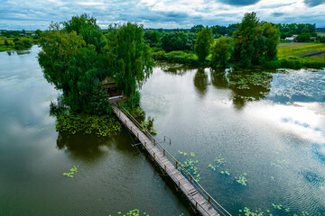 Aerial view of a fishing house on the lake