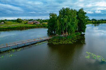 Aerial view of a fishing house on the lake