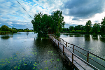 Fototapeta premium Aerial view of a fishing house on the lake