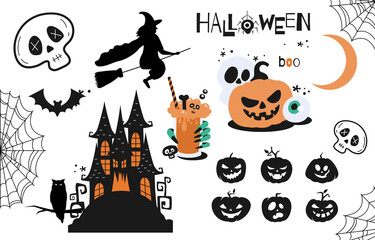 Halloween element set. Collection of scary mysterious stickers with witch, house with ghosts and pumpkin. Icons in form of dark silhouettes. Cartoon flat vector set isolated on a white background