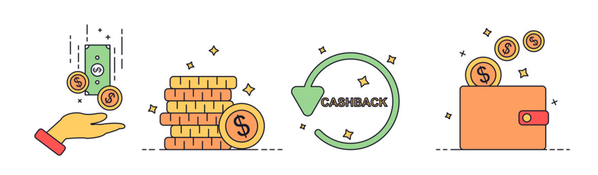 Cashback icon set. The money is returned back after buying online. Modern collection with image of dollars, coins, purse and hand. Cartoon Flat vector design elements isolated on white background