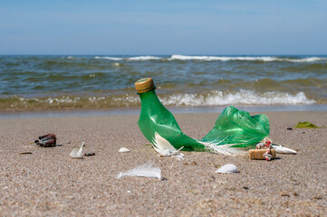 Obraz premium Garbage on the beach. Plastic on the beach. Pollution of the coast with plastic bottles. Green empty bottle.