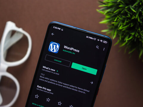 Assam, india - Augest 2, 2020 : Wordpress logo on a smartphone screen.