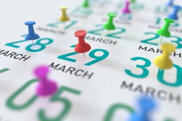 March 29 date and push pin on a calendar, 3D rendering