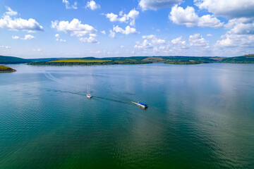 Aerial view of boats on the Dniester river