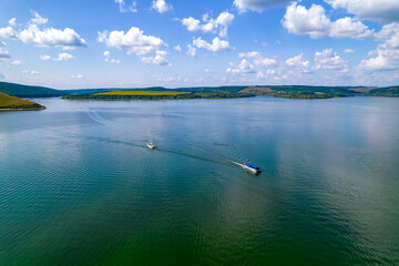 Aerial view of boats on the Dniester river