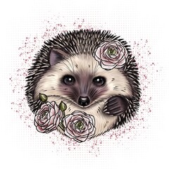 Cute hedgehog muzzle with ranunculus flowers and lovely nose and eyes