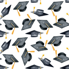 Watercolor illustration of Academic student graduation celebration uniform caps. University hat in black ink pattern with gold ribbons.
