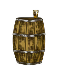 Cane sugar. Product from sugarcane plant. Engraving hand drawn natural organic food or natural ingredient. Fresh cane rum in barrel