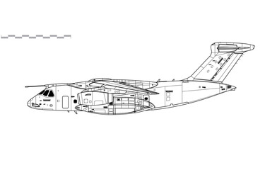 Obraz premium Embraer C-390 Millennium. Vector drawing of multirole transport aircraft. Side view. Image for illustration and infographics.