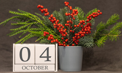 Memory and important date October 4, desk calendar - autumn season.