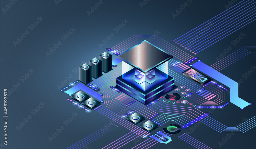 Poster electronic cpu digital chip. abstract computer hardware or electronic components on motherboard. tec
